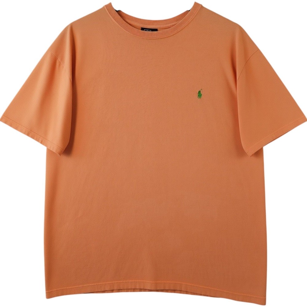 Vintage Polo Ralph Lauren Shirt Mens Medium Orange Crew Neck Tee Bleached Grunge